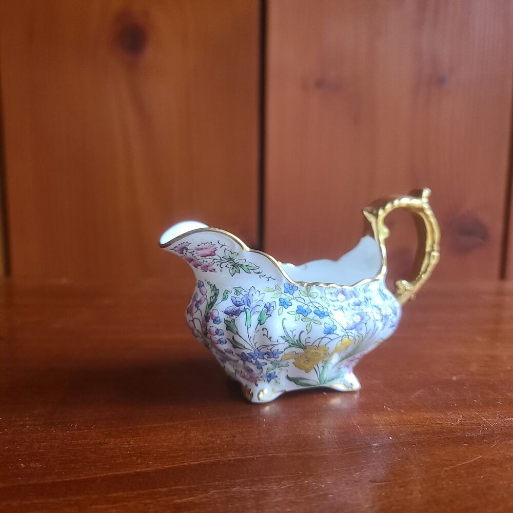 Hammersley England Bone China Creamer 4231 Full Gold Handle Chinz Dresden Footed